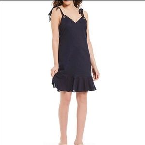 GIANNI BINI NAVY GROMMET FLOUNCE HEMLINE LINEN BLEND DRESS SIZE LARGE